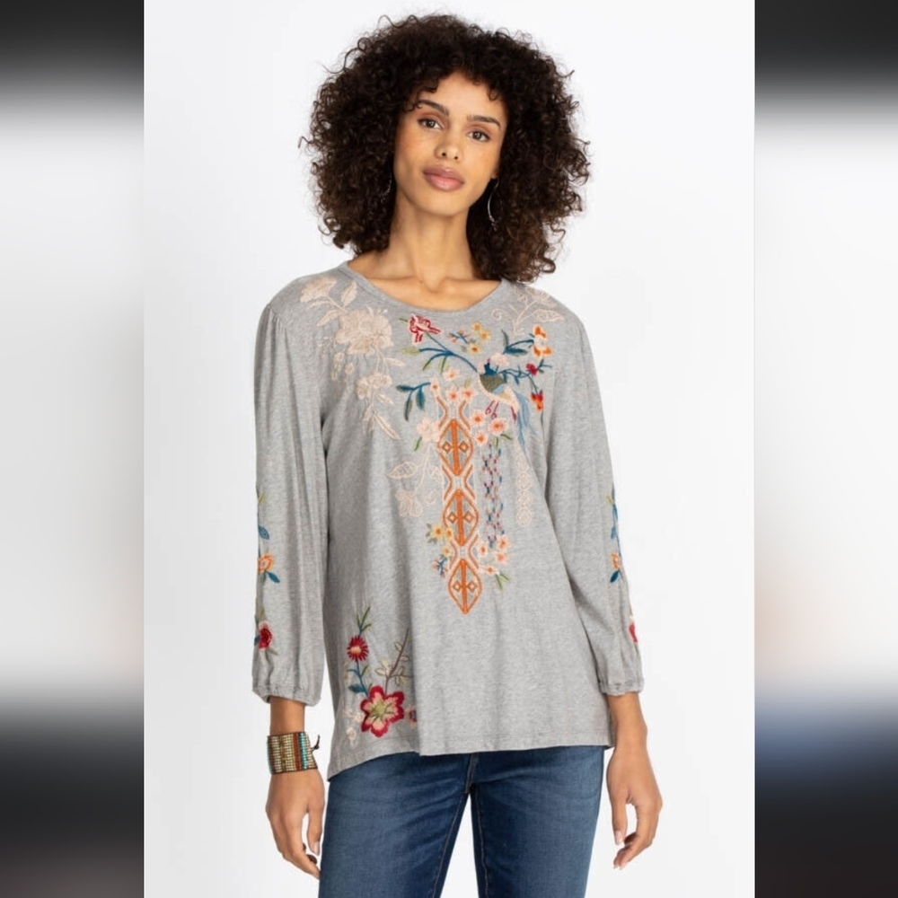 Johnny Was Ellia Embroidered Heather Grey Top Long Sleeve Puff Sleeve Bird S